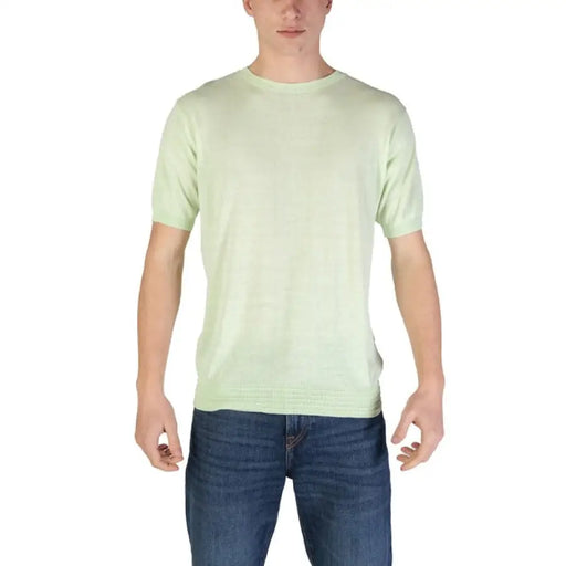 Mint green short-sleeve knit sweater paired with blue jeans from Hamaki-ho Men T-Shirt