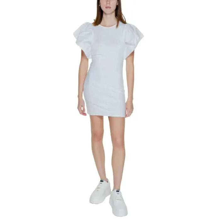 Model wearing a white dress with ru rus, Only - Only Women Dress, urban style clothing