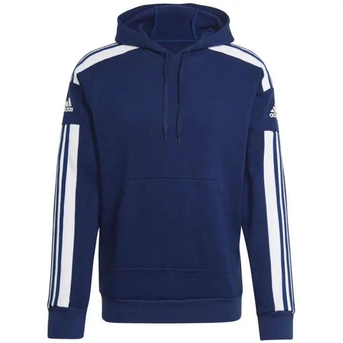 Navy blue Adidas hoodie with white stripes on shoulders and sleeves in Adidas Men Sweatshirts