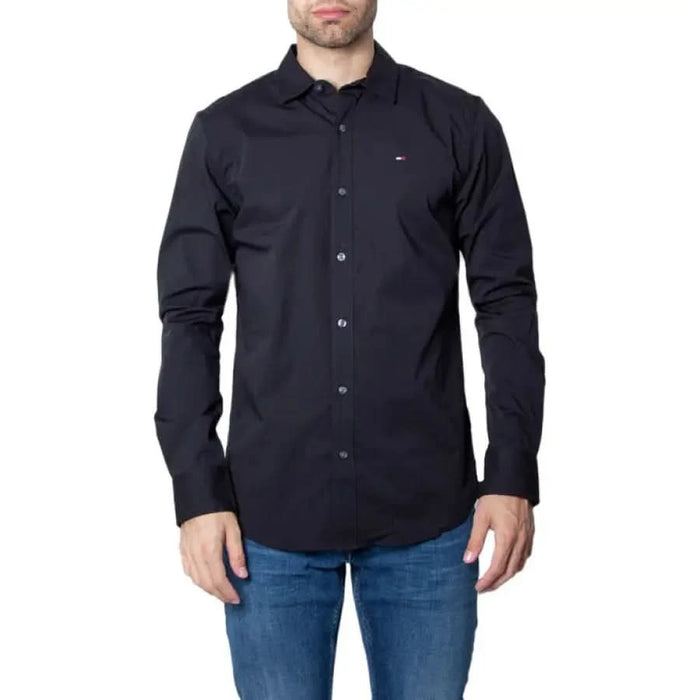 Navy blue button-down dress shirt with small chest logo - Tommy Hilfiger Men Shirt