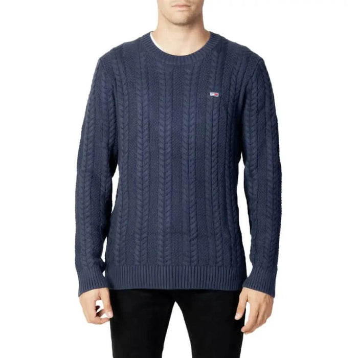 Navy blue cable-knit sweater with logo for Tommy Hilfiger Jeans Men’s Knitwear