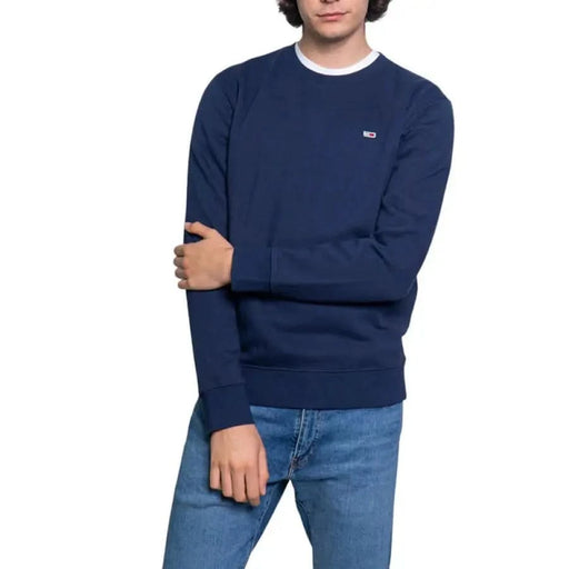 Navy blue crewneck sweatshirt with small logo by Tommy Hilfiger Jeans for men