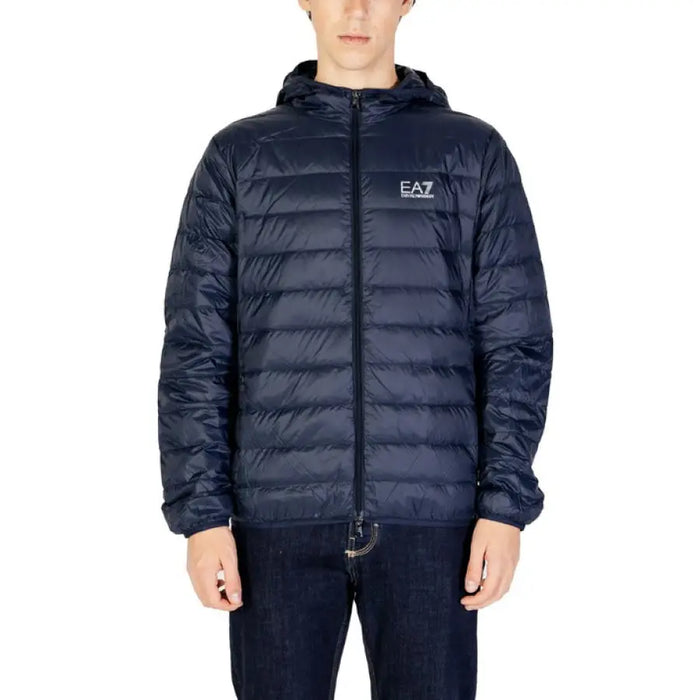 Navy blue EA7 quilted puffer jacket with hood and full zipper for men