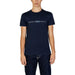 Navy blue Emporio Armani t-shirt featuring brand text across the chest for men