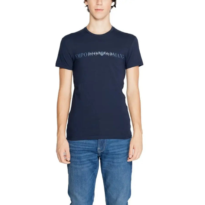 Navy blue Emporio Armani t-shirt featuring tonal logo text on the chest