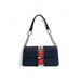 Navy blue Tommy Hilfiger handbag with red and white striped buckle and chain strap