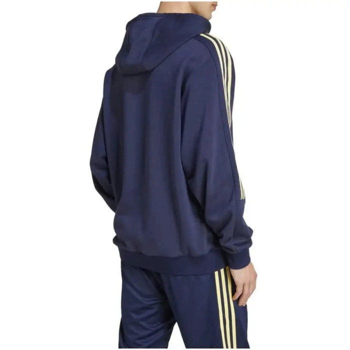 Navy blue Adidas hooded sweatshirt with yellow stripes on the sleeves for men