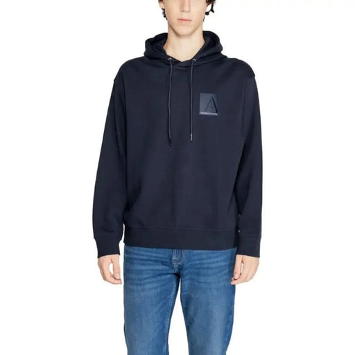 Navy blue hooded sweatshirt with geometric logo for Armani Exchange Men Sweatshirts