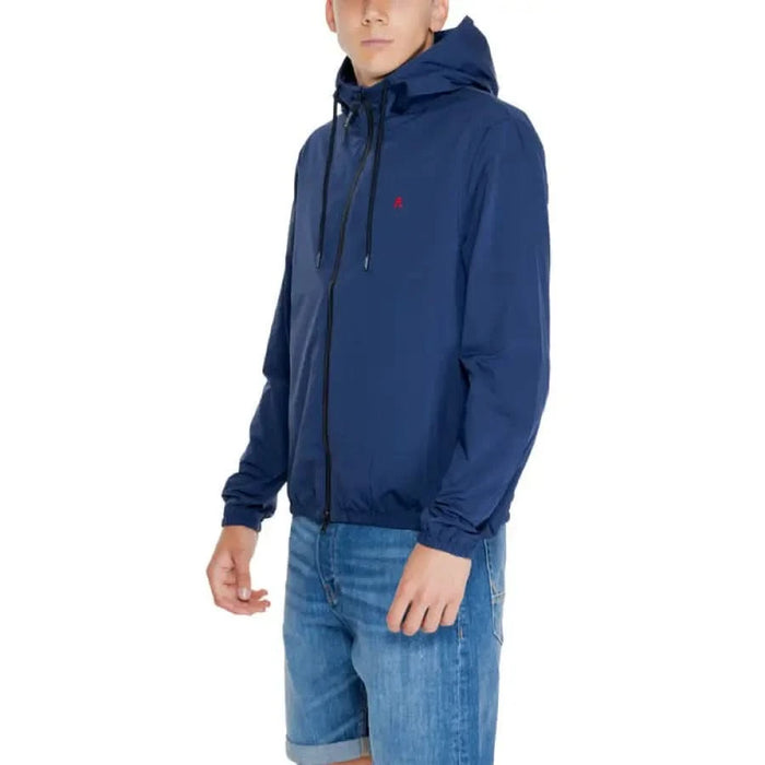 Navy blue hooded jacket with small red logo on chest from Replay Men Jacket collection