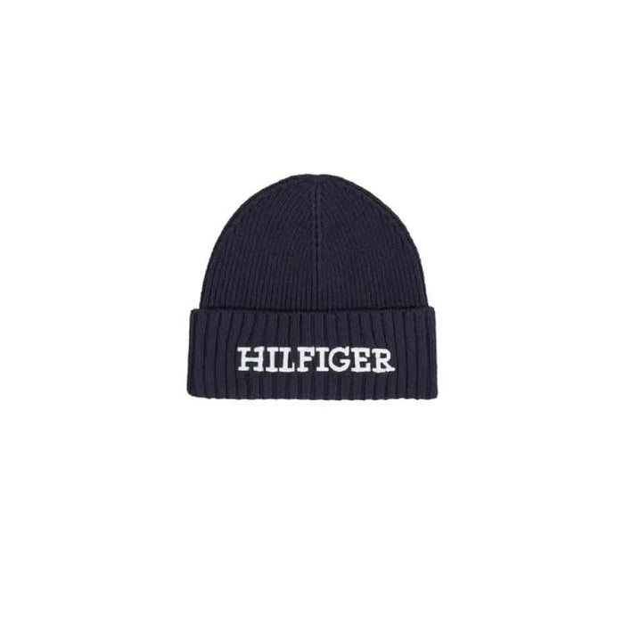 Navy blue knit beanie with Hilfiger embroidery on cuff from Tommy Hilfiger Men Cap