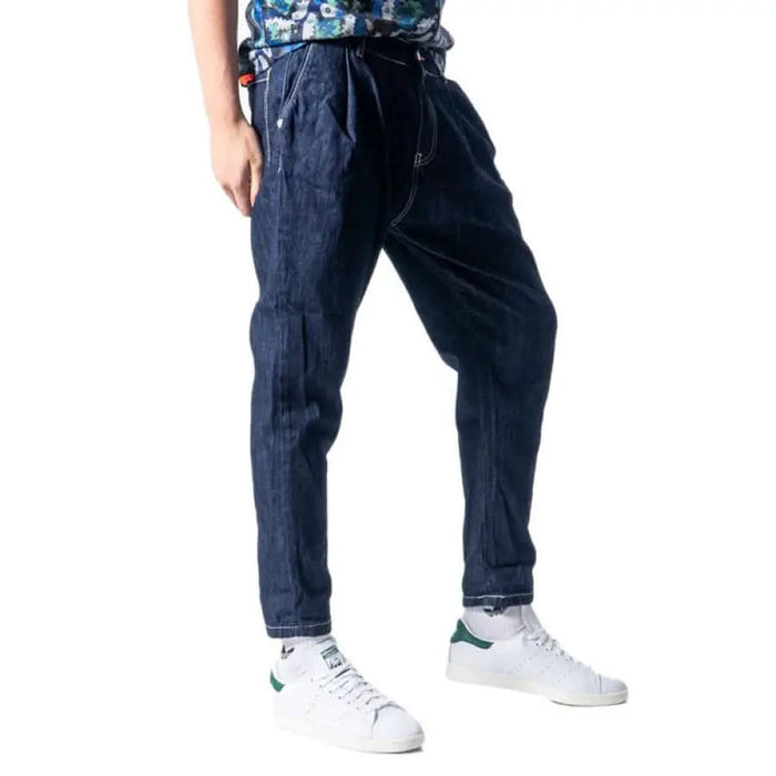 Navy blue relaxed fit drawstring pants with cuffed ankles by Displaj Men Jeans