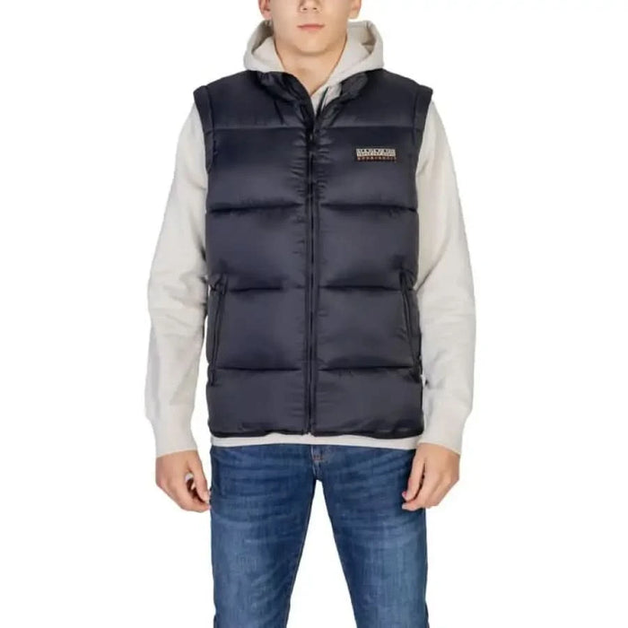 Navy blue puffer vest over gray hoodie in Napapijri Men Jacket collection