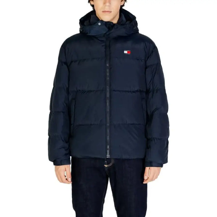 Navy blue puffy winter jacket with hood and zipper by Tommy Hilfiger for men