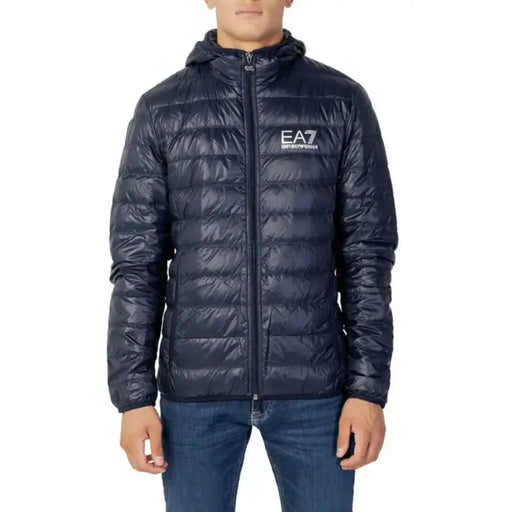 Navy blue quilted puffer jacket with hood and EA7 logo for men