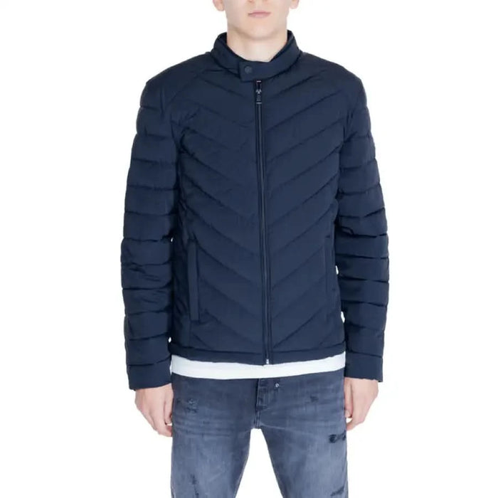 Navy blue quilted puffer jacket with full-length zipper from Guess Men Jacket