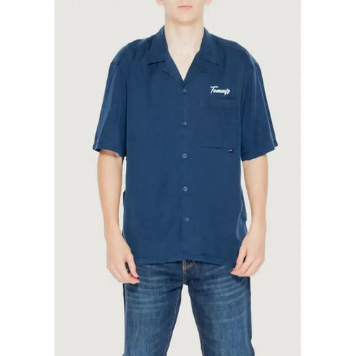 Navy blue short-sleeved button-up shirt with Tommy embroidered on chest - Tommy Hilfiger Jeans Men Shirt