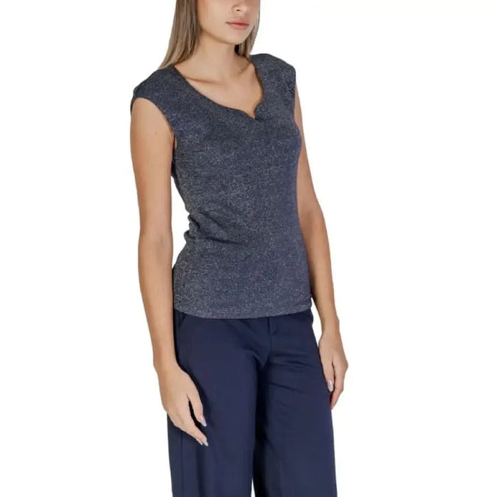 Navy blue sleeveless top with textured pattern and v-neckline from Street One