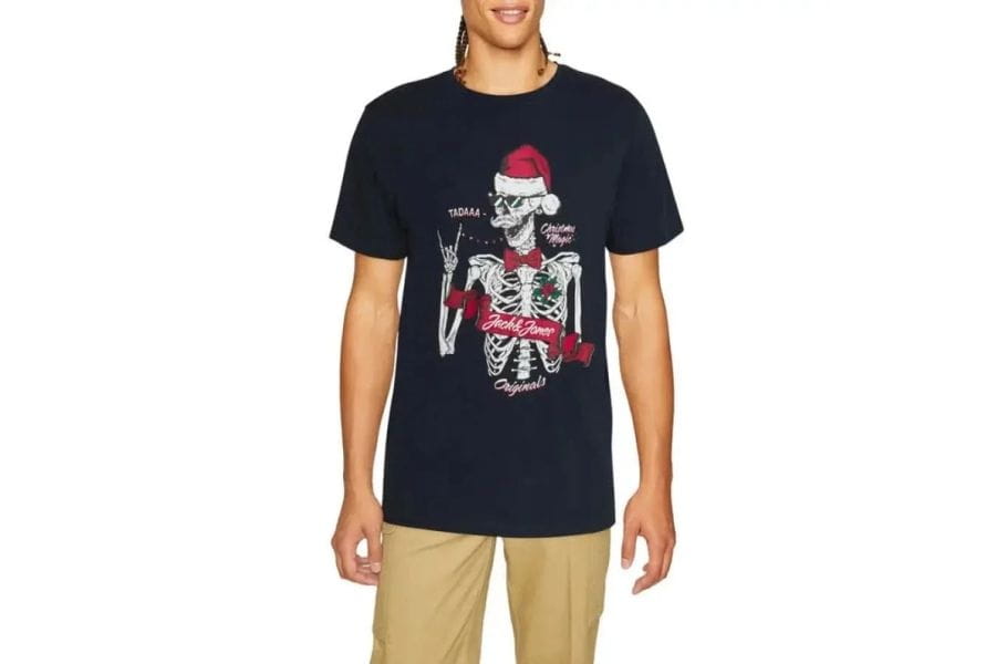 Navy blue t-shirt featuring skeleton in Santa hat and scarf for retro-style outfits.