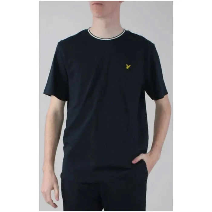 Navy blue Lyle & Scott men t-shirt with yellow logo and white collar trim