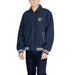 Navy blue varsity jacket with white stripes and embroidered patch by Tommy Hilfiger Jeans