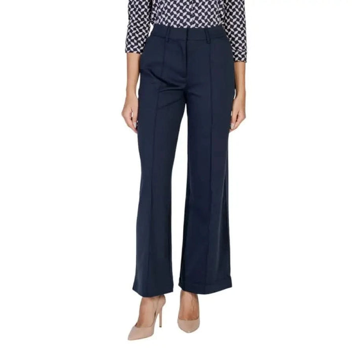 Navy blue wide-leg dress pants with pressed center crease from Ichi Women Trousers