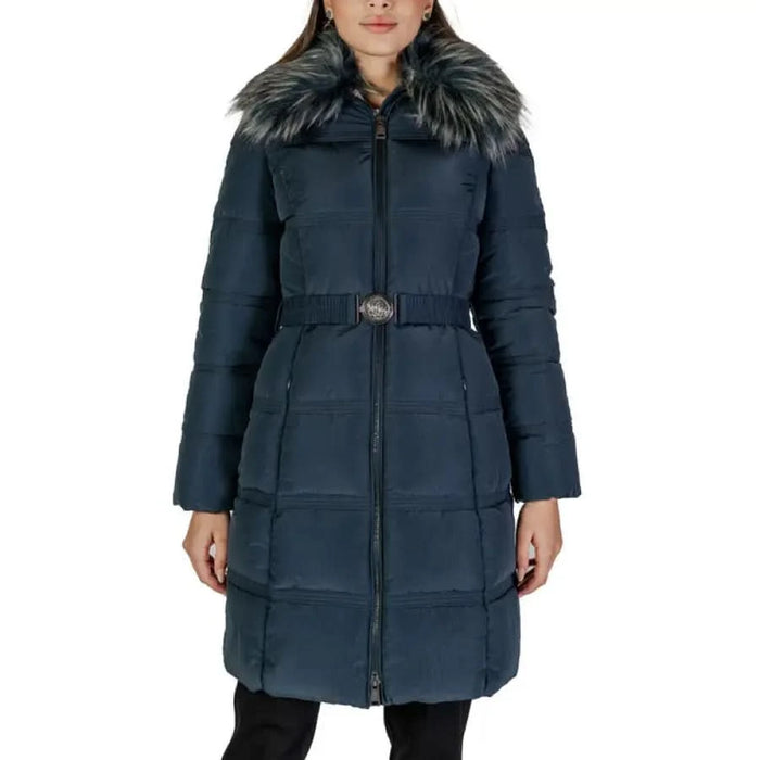 Navy blue winter puffer coat with faux fur collar and belted waist by Guess Women Jacket