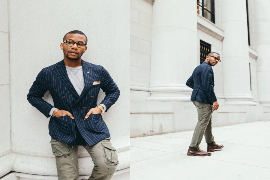 Navy pinstriped blazer and khaki cargo pants outfit for stylish looks.