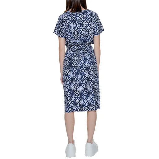 Navy and white geometric print midi dress with short sleeves and belted waist by Street One