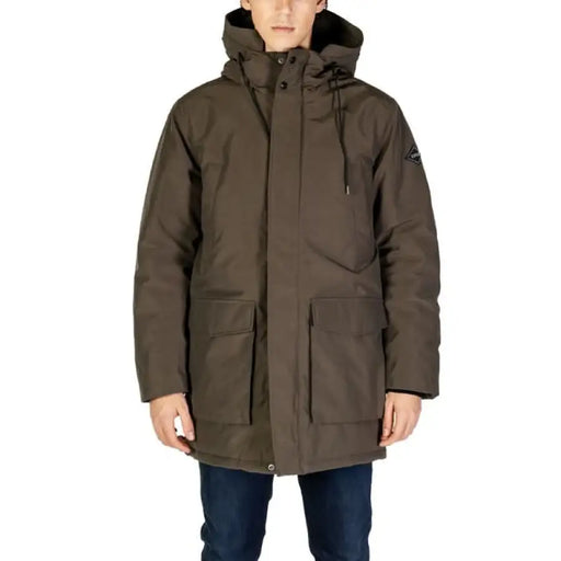 Olive-brown winter parka with hood and cargo pockets from Replay Men Jacket