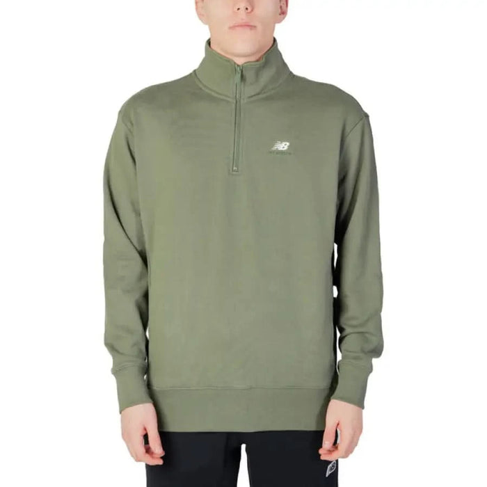 New Balance olive green half-zip pullover sweatshirt with high collar for men