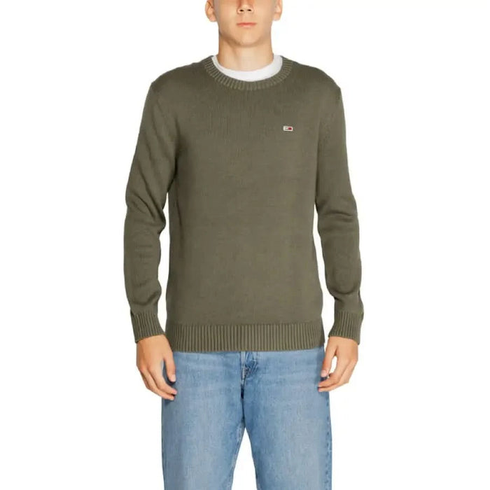 Olive green crew neck sweater with logo, Tommy Hilfiger Men Knitwear collection