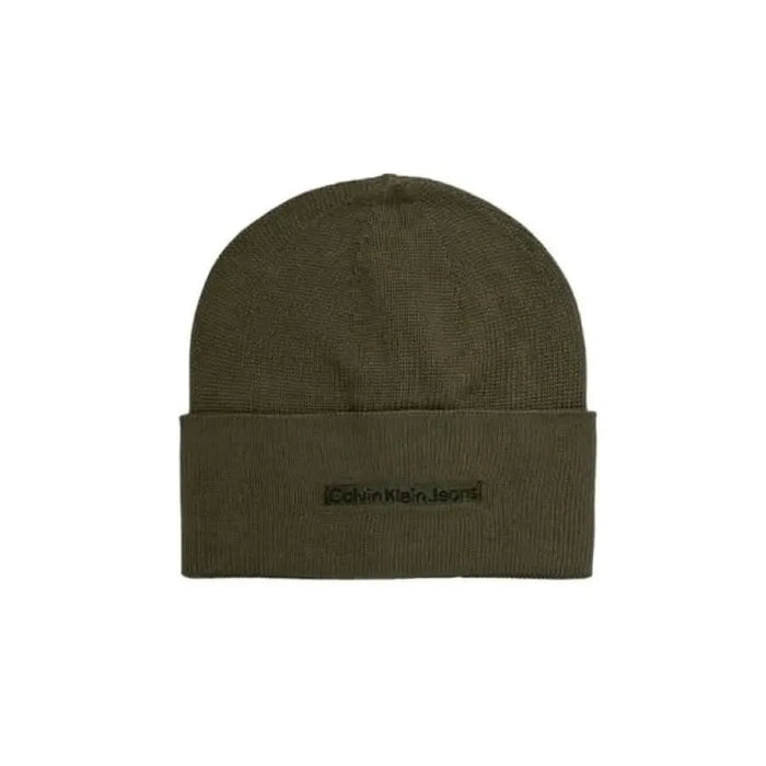 Olive green knit beanie with dark logo patch on folded brim by Calvin Klein