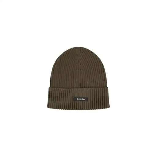 Olive green ribbed knit beanie with small dark label from Calvin Klein Men Cap