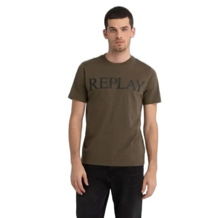 Olive green Replay Men T-Shirt with REPLAY printed on the front