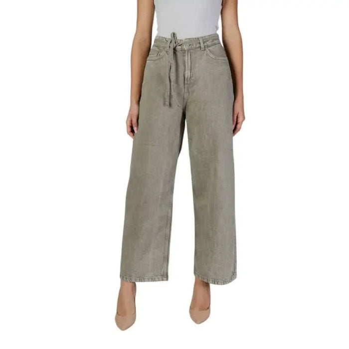 Olive green wide-leg denim pants with drawstring waist from Only Women Jeans