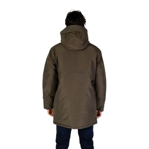 Olive green winter parka with hood shown from the back for Replay Men Jacket