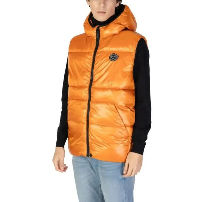 Orange puffy hooded vest with black zipper featured in Gas Gas Men Gilet