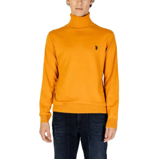 Orange turtleneck sweater with dark logo emblem for U.S. Polo Assn. Men Knitwear