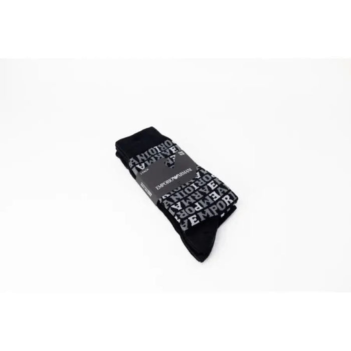 Black Emporio Armani socks for men with white text, part of the Emporio Armani Underwear collection