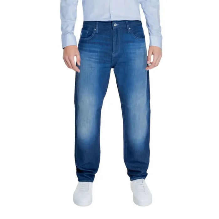 Pair of blue denim jeans with straight-leg cut from Armani Exchange Men Trousers