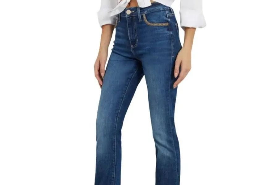 Pair of high-waisted blue denim jeans with a straight leg cut for first date style.