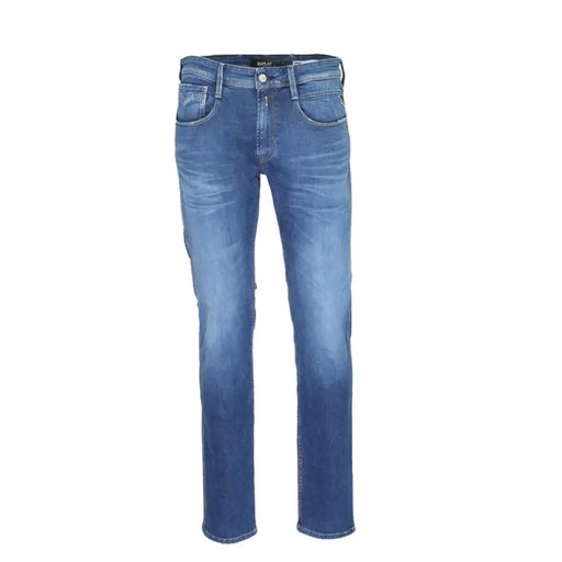 Pair of blue straight-leg denim jeans from Replay for men, ideal for casual wear