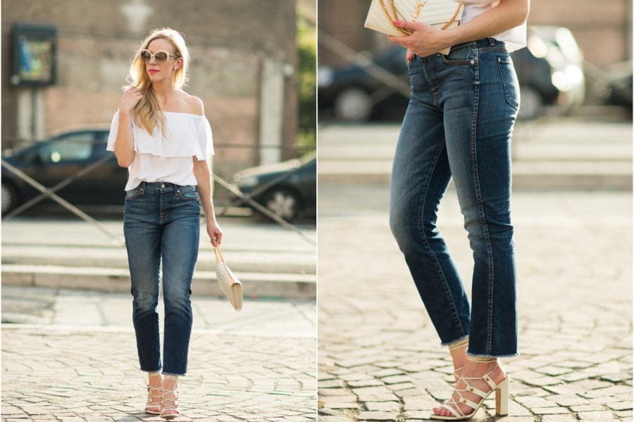 Woman wearing blue jeans in a street setting, perfect for a first date outfit.