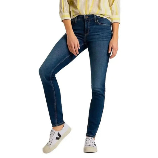 Lee Women Jeans - Blue Skinny Jeans Worn with White Sneakers and Yellow Top