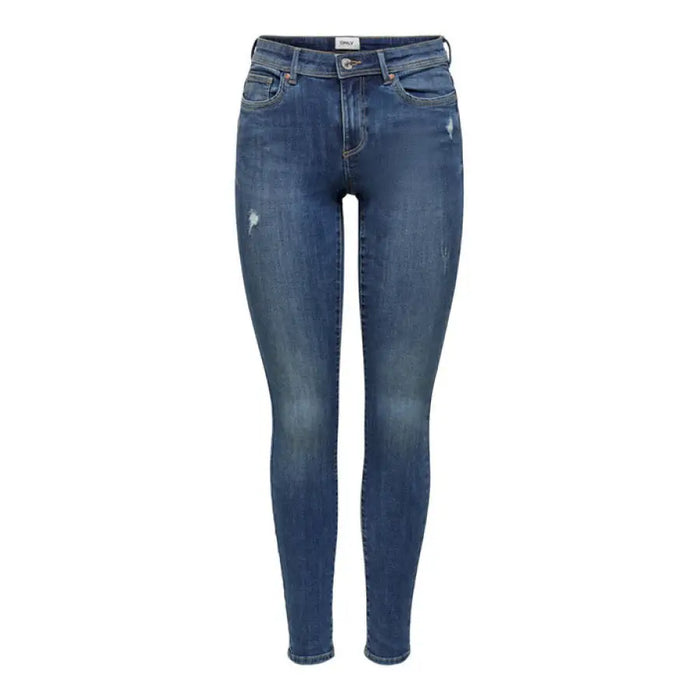 Pair of blue skinny jeans with slight distressing from Only Women Jeans collection