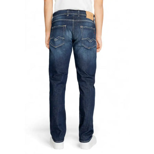 Pair of dark blue denim jeans from the back, Replay Men Jeans for stylish comfort