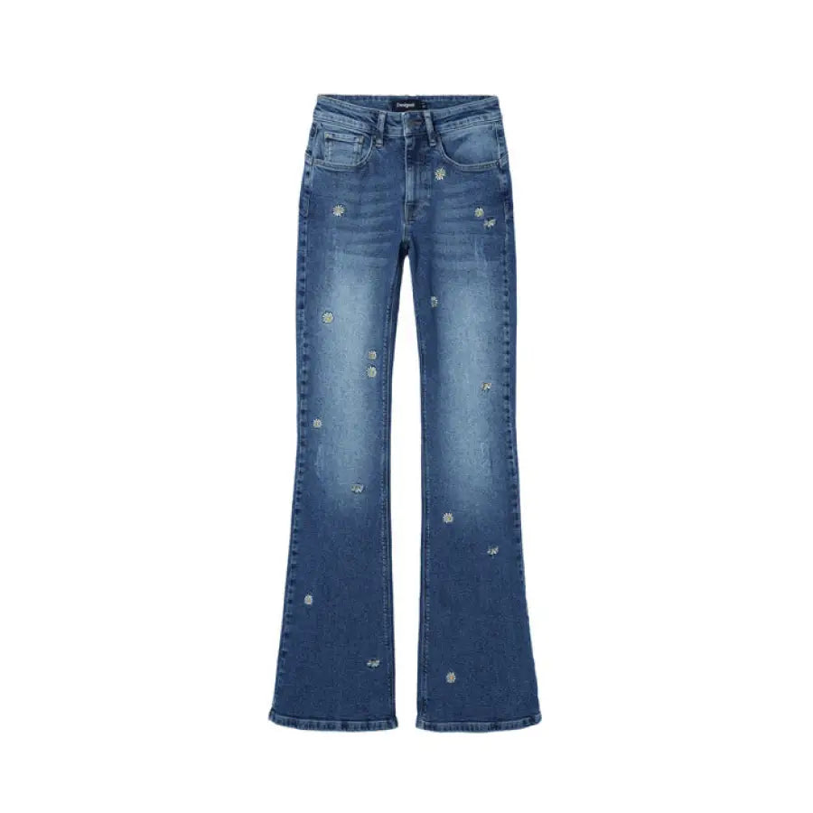 Desigual Women’s flared blue jeans with distressed details and small embroidered designs