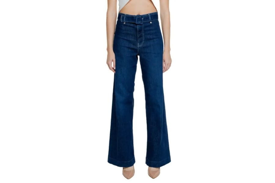 Pair of high-waisted, wide-leg blue jeans for stylish holiday outfits.