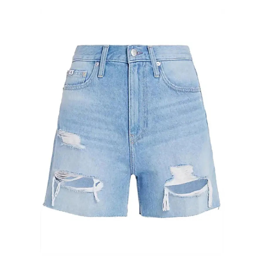 Calvin Klein Jeans Women Light Blue Denim Shorts with Distressed Thigh Rips