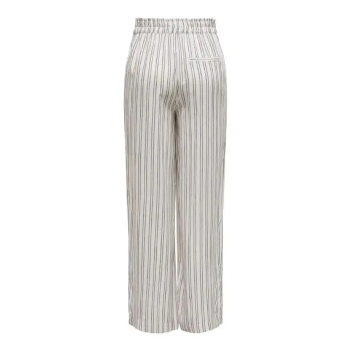 Pair of light-colored, vertically striped wide-leg trousers with an elastic waistband